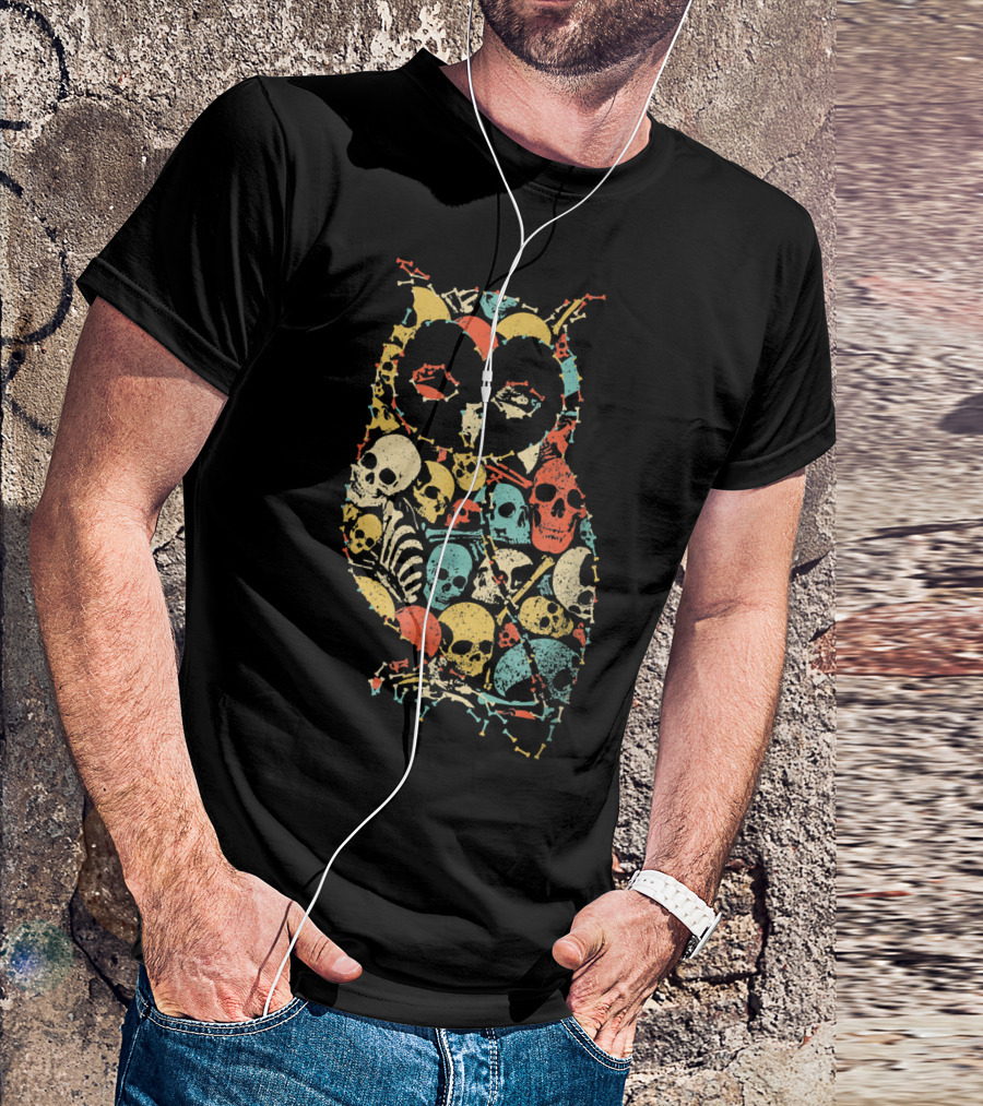 Owl Halloween Skeleton Skull Vintage Retro Multicolor T-Shirt