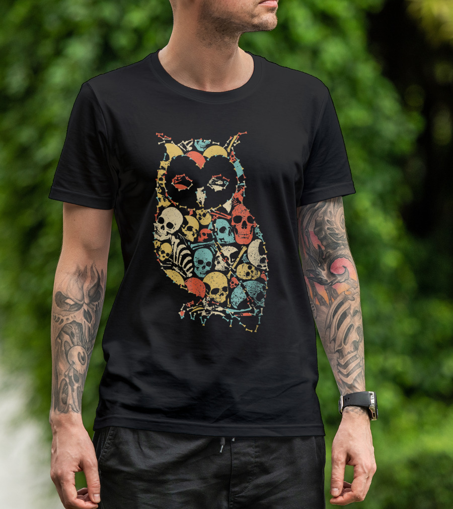 Owl Halloween Skeleton Skull Vintage Retro Multicolor T-Shirt