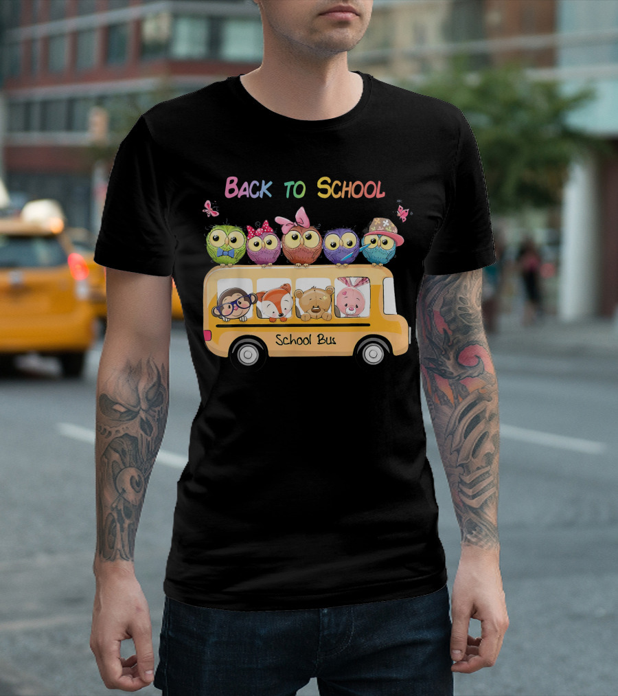 Back To School Bus Owl Lover With Cute Animals And Accessories T-Shirt