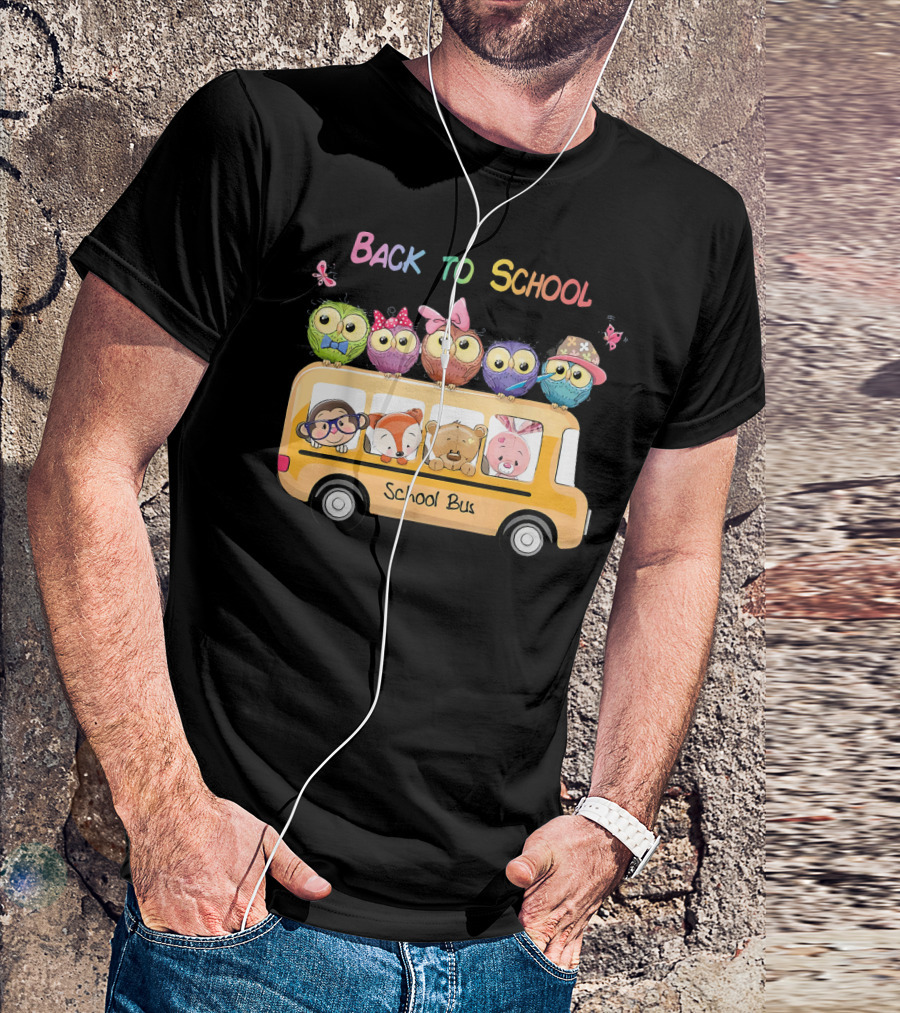 Back To School Bus Owl Lover With Cute Animals And Accessories T-Shirt