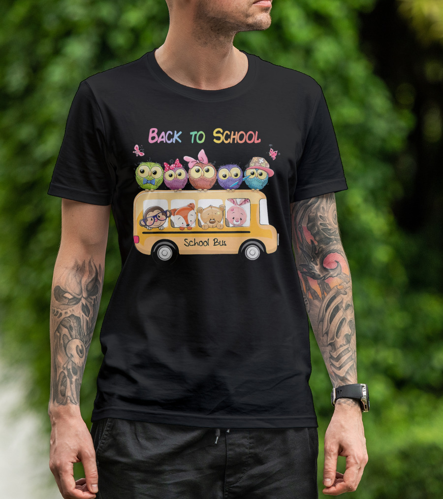 Back To School Bus Owl Lover With Cute Animals And Accessories T-Shirt