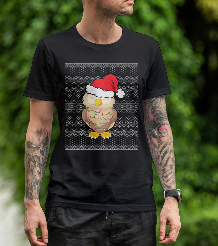 Owl Santa Hat With Festive Christmas Lights And Winter T-Shirt