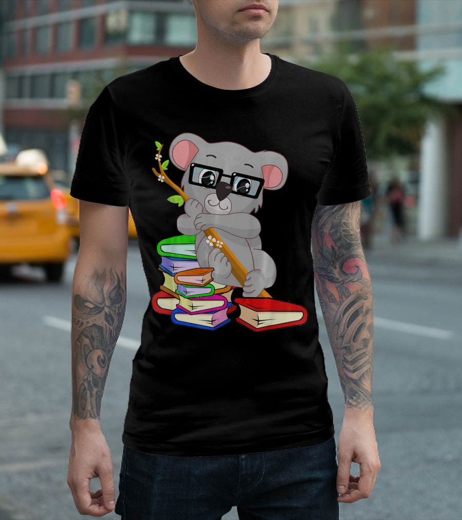 Nerdy Anime Koala Bear With Glasses Hugging Books Bookworm Passiona T-Shirt
