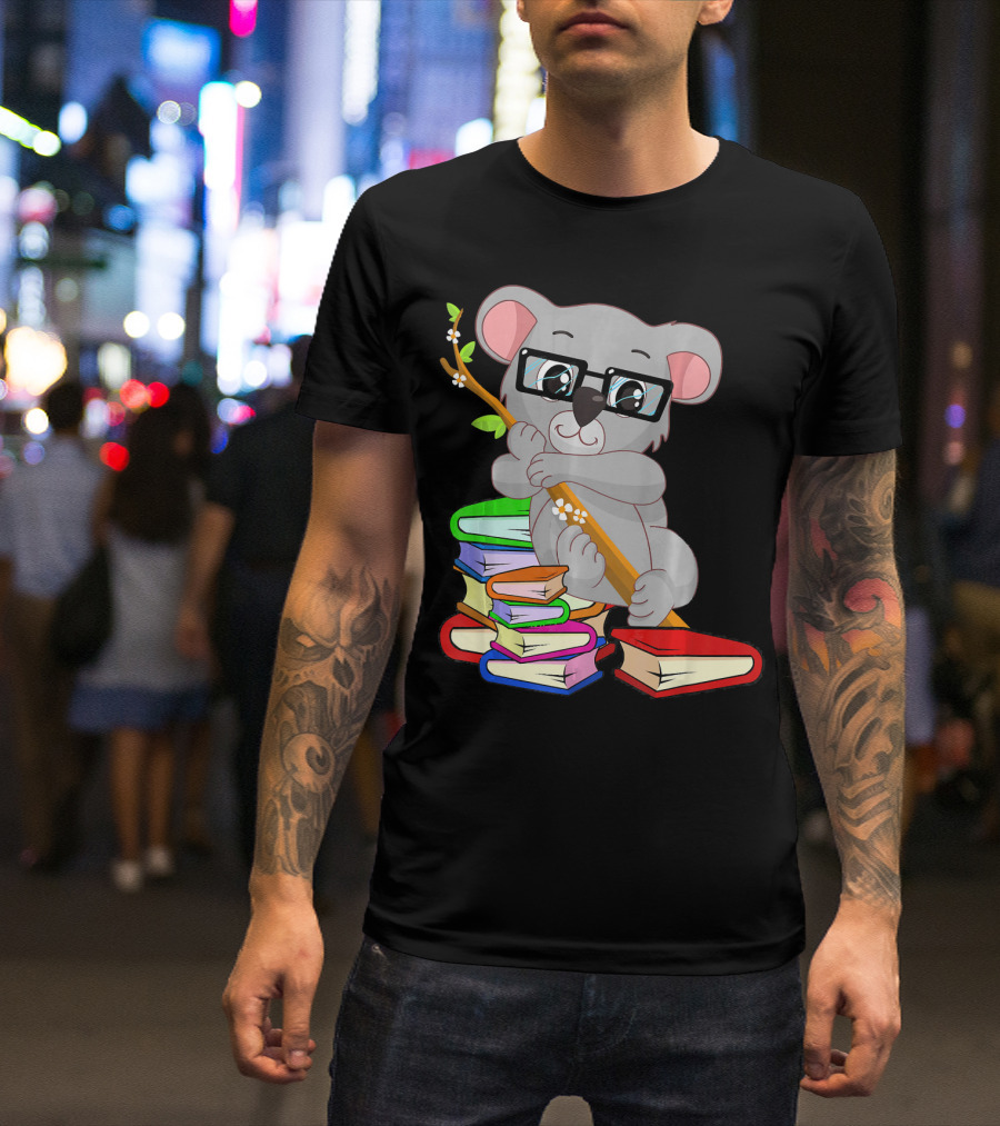 Nerdy Anime Koala Bear With Glasses Hugging Books Bookworm Passiona T-Shirt