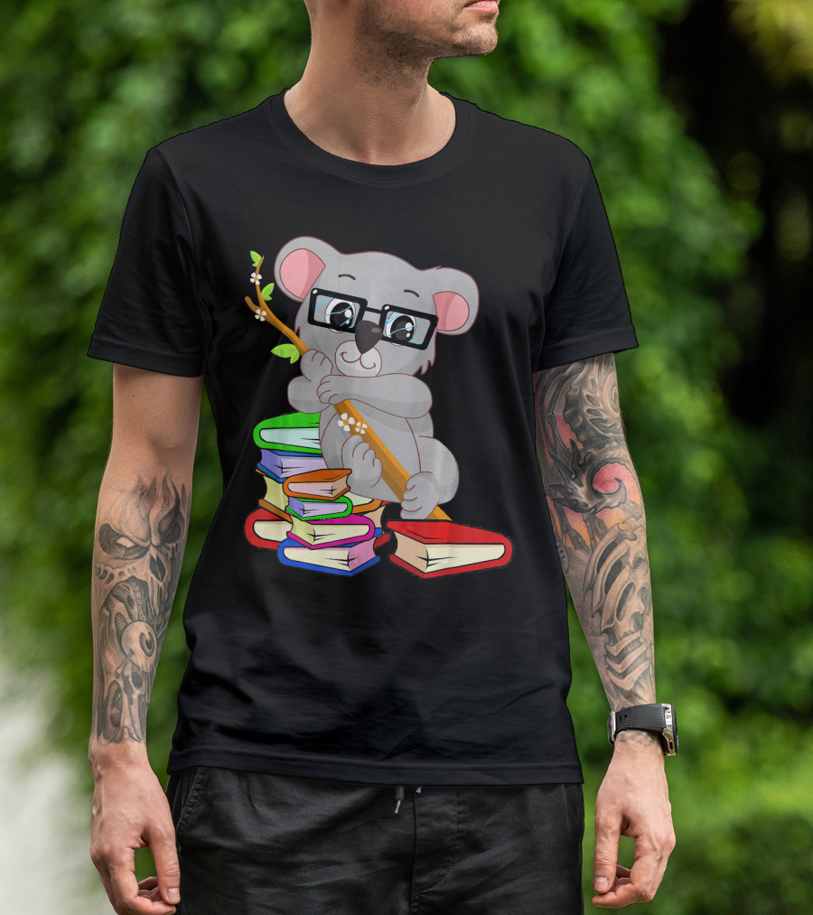Nerdy Anime Koala Bear With Glasses Hugging Books Bookworm Passiona T-Shirt