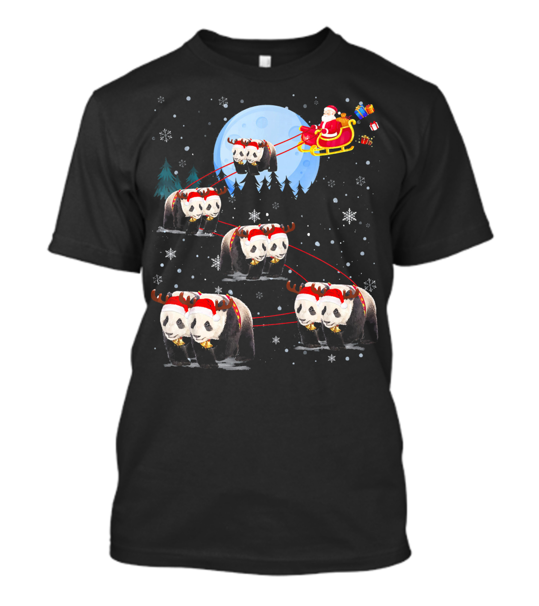 Panda Reindeer Santa Claus Sleigh Under Moonlight With Gifts T-Shirt