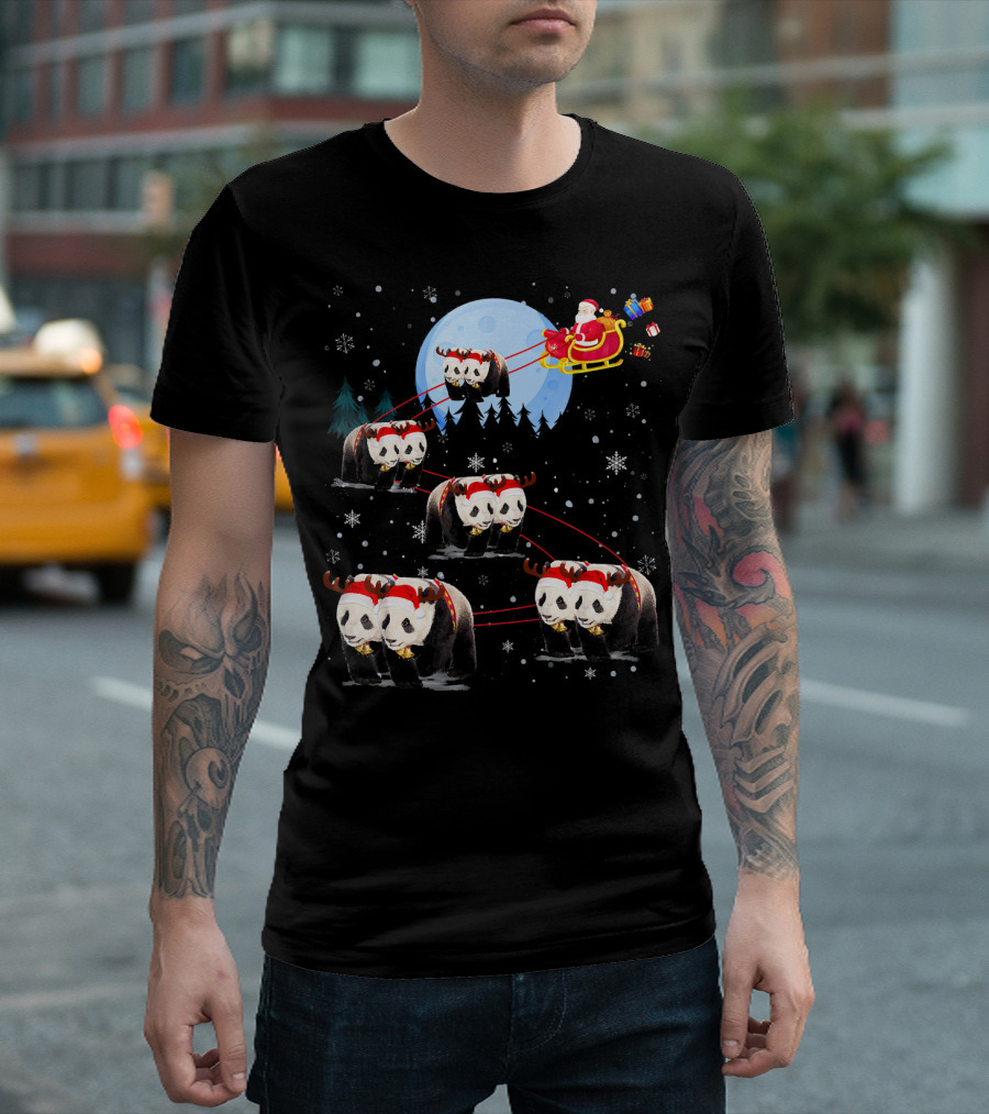Panda Reindeer Santa Claus Sleigh Under Moonlight With Gifts T-Shirt