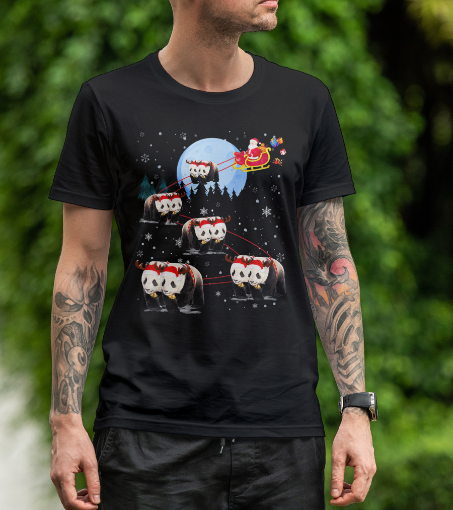 Panda Reindeer Santa Claus Sleigh Under Moonlight With Gifts T-Shirt