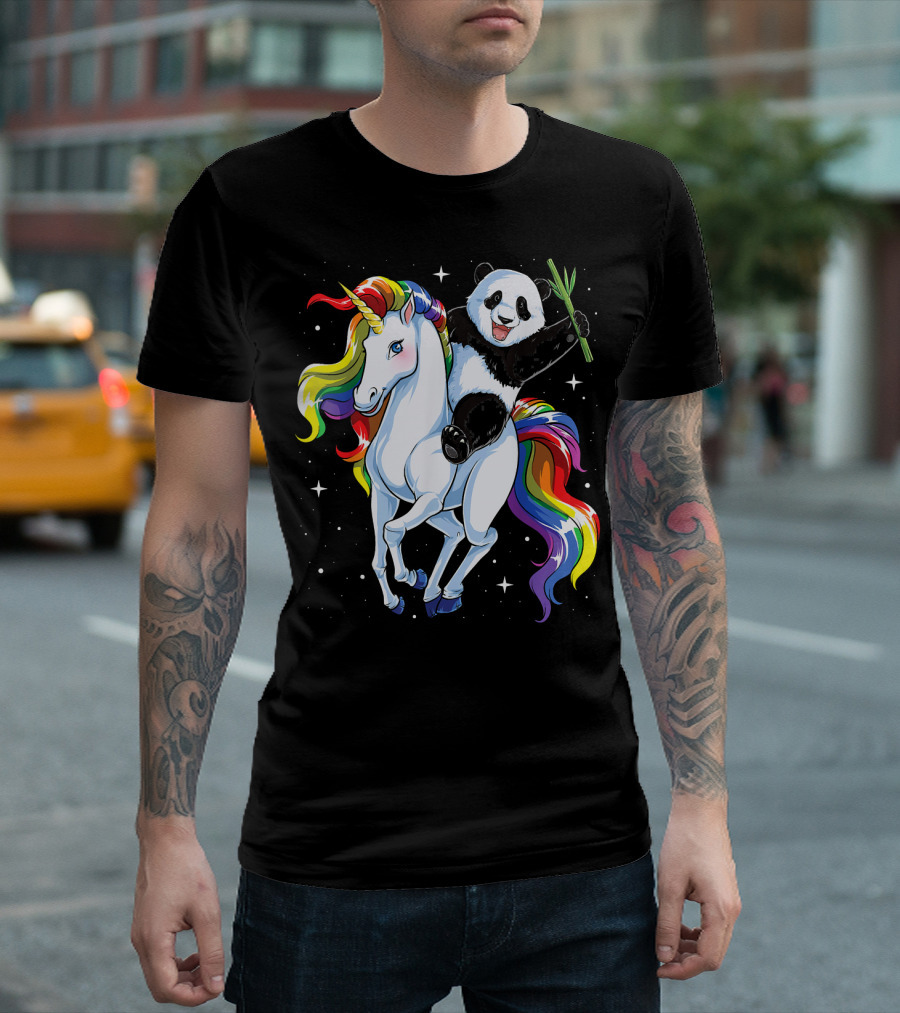 Panda Riding Rainbow Unicorn T-Shirt