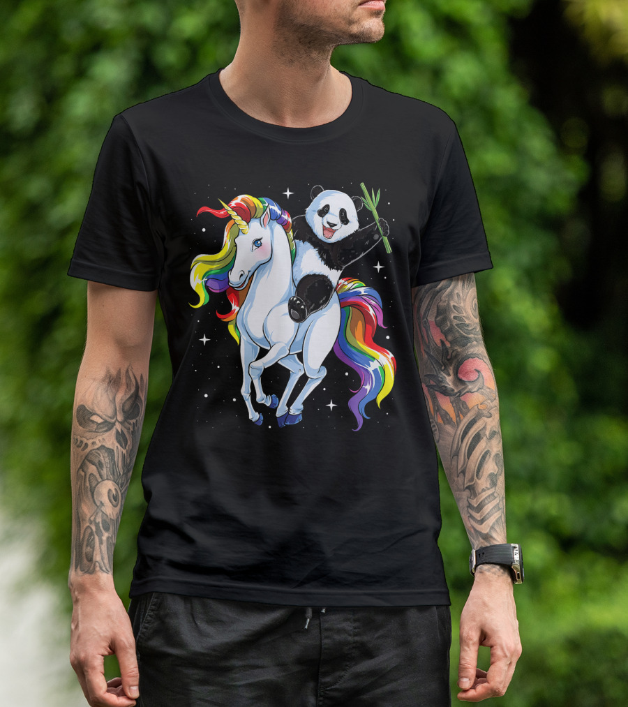Panda Riding Rainbow Unicorn T-Shirt