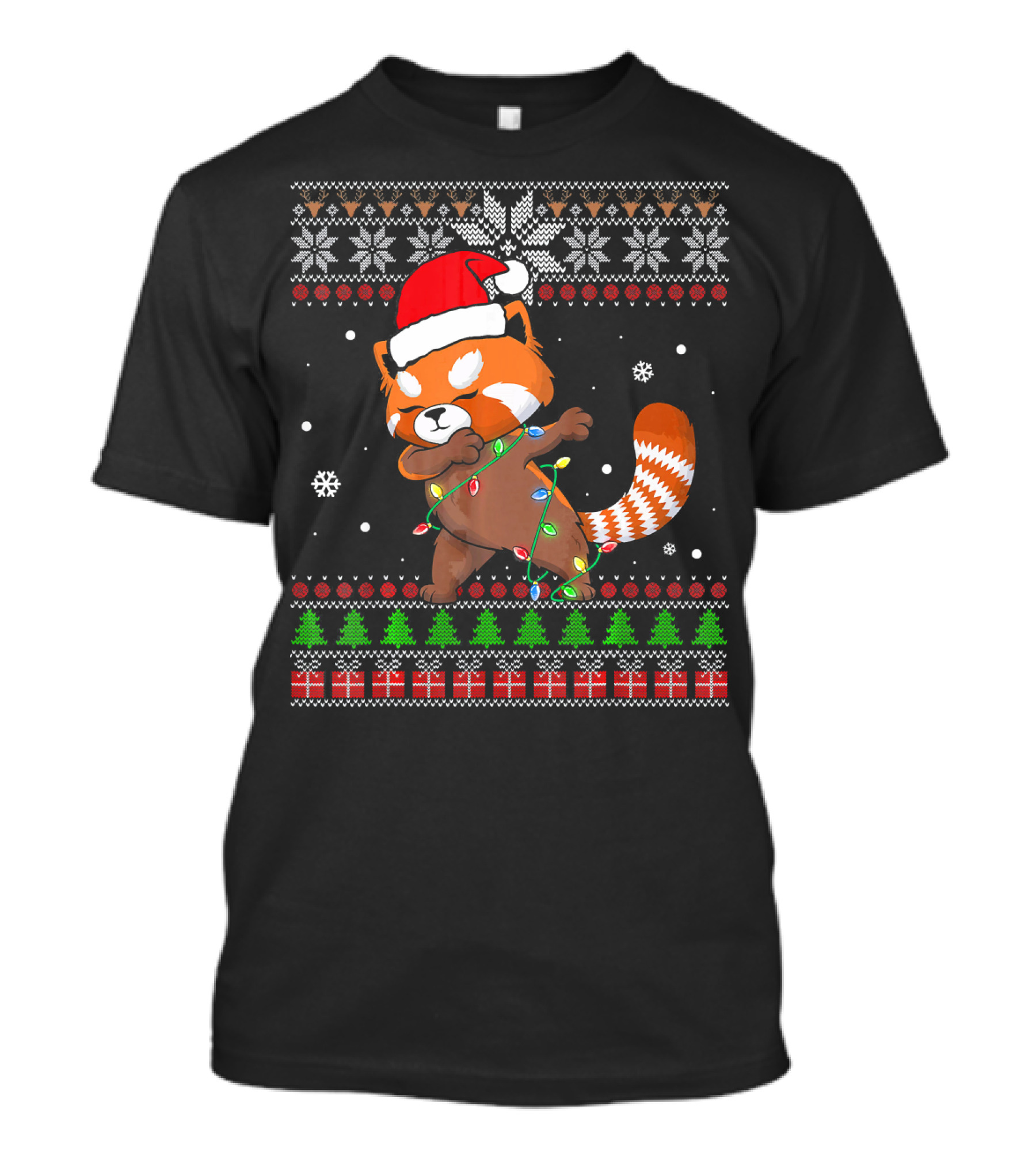 Red Panda Dab Santa Hat Christmas Lights Sweater Snowflakes Christmas Trees T-Shirt