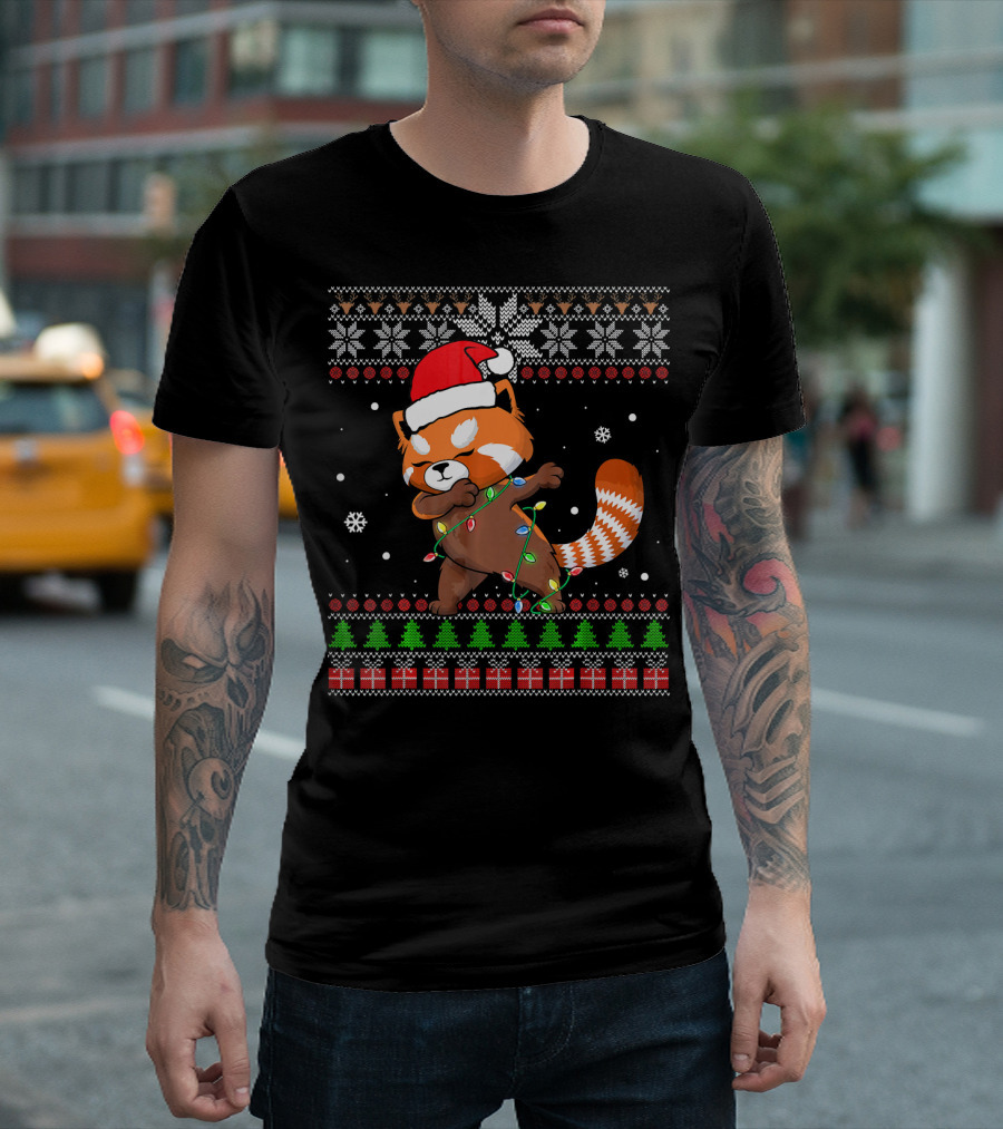 Red Panda Dab Santa Hat Christmas Lights Sweater Snowflakes Christmas Trees T-Shirt