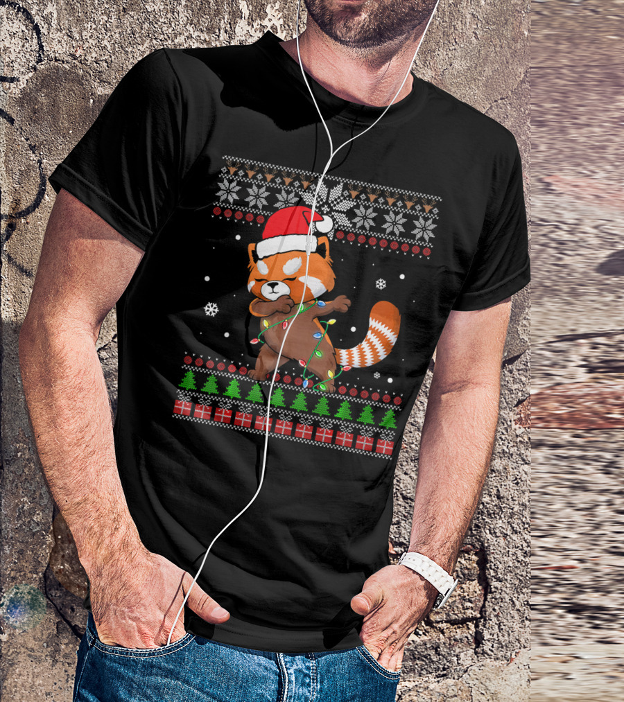 Red Panda Dab Santa Hat Christmas Lights Sweater Snowflakes Christmas Trees T-Shirt