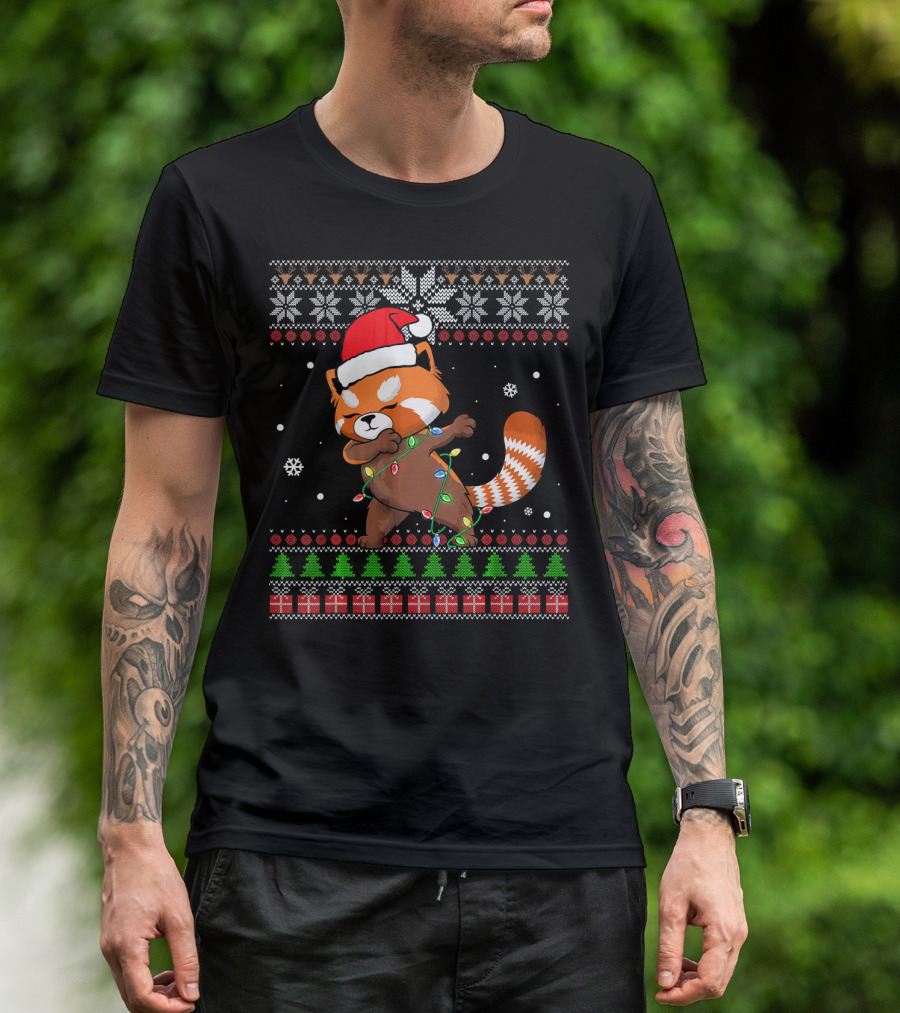 Red Panda Dab Santa Hat Christmas Lights Sweater Snowflakes Christmas Trees T-Shirt