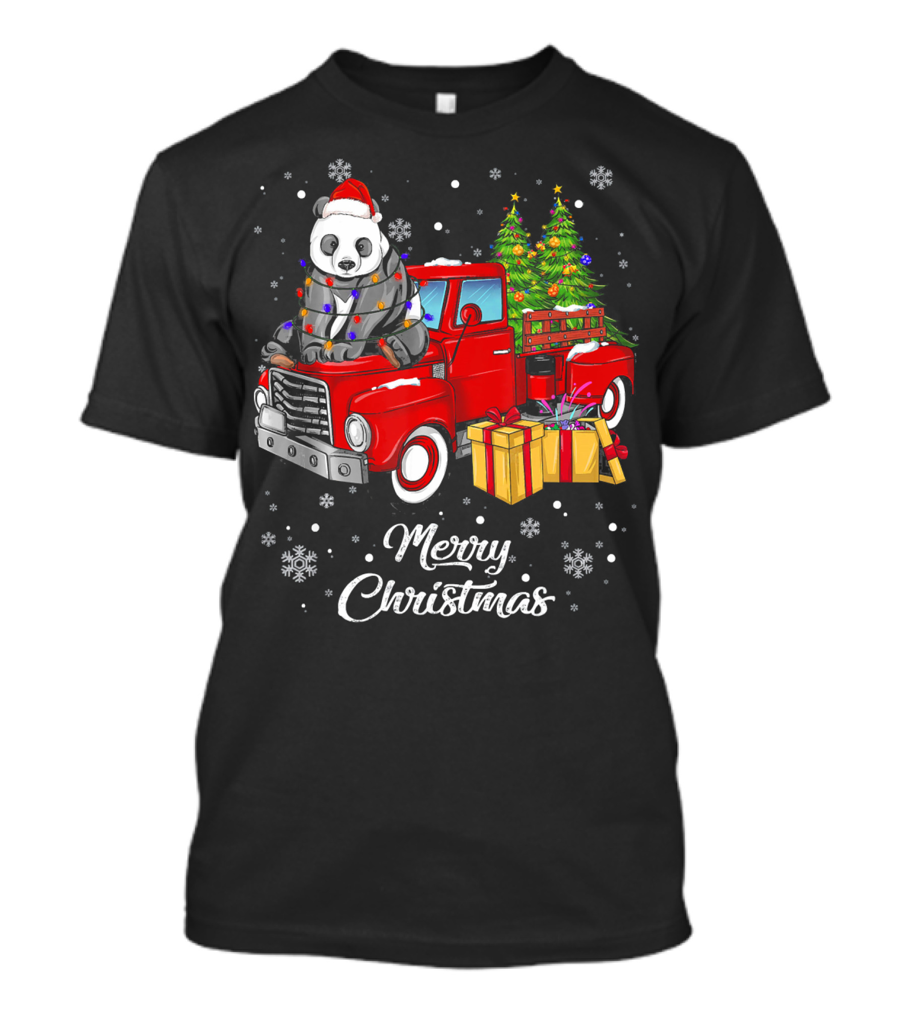 Merry Christmas Panda In Lights On Red Truck With Gifts And Christmas Tree T-Shirt