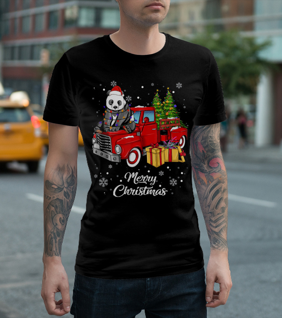 Merry Christmas Panda in Lights on Red Truck with Gifts and Christmas Tree T-Shirt
