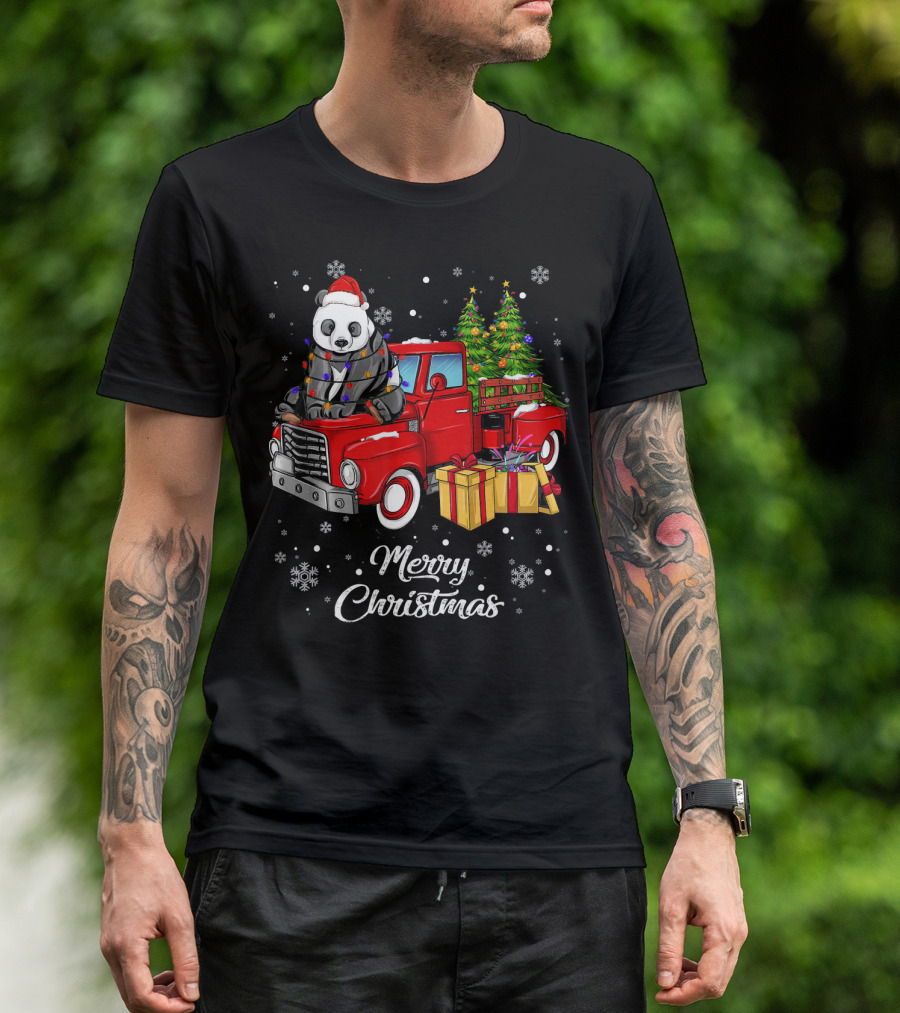 Merry Christmas Panda In Lights On Red Truck With Gifts And Christmas Tree T-Shirt