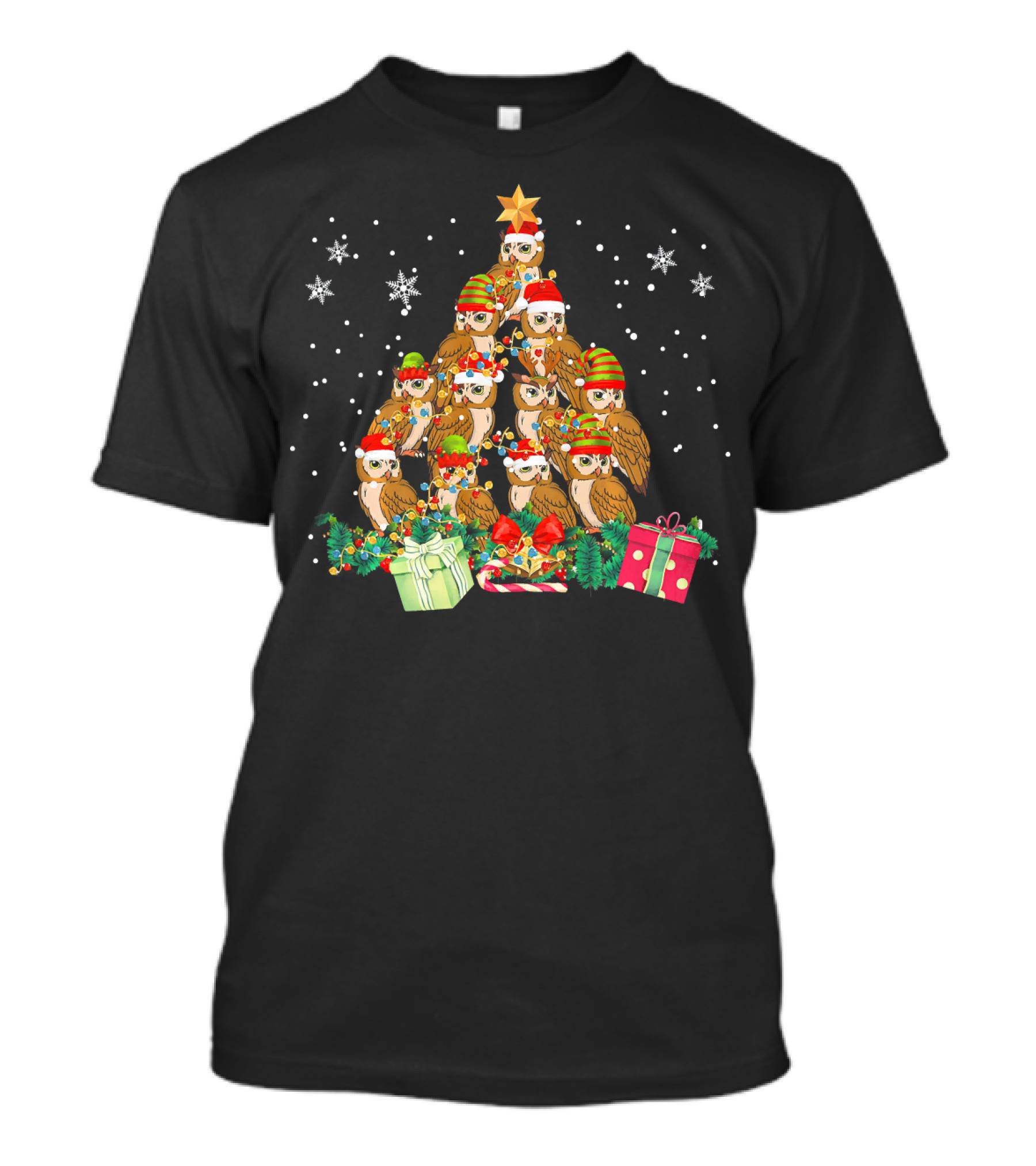 Owl Christmas Tree Santa Hat Lights Star Snowflakes Presents T-Shirt
