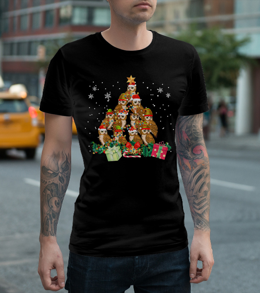 Owl Christmas Tree Santa Hat Lights Star Snowflakes Presents T-Shirt