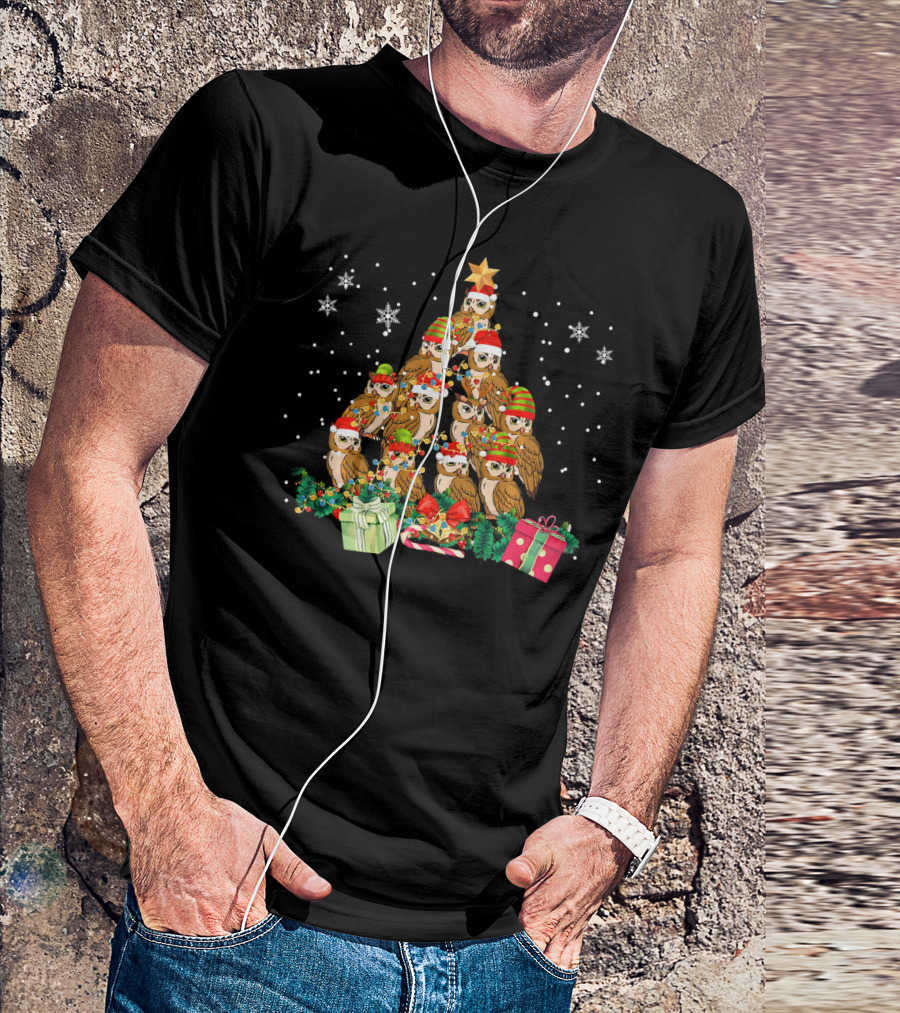 Owl Christmas Tree Santa Hat Lights Star Snowflakes Presents T-Shirt