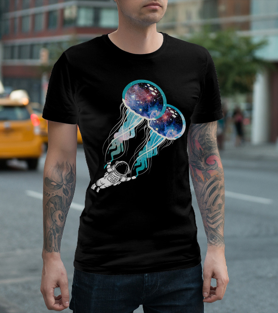 Galaxy-Filled Jellyfish and Outer Space Astronaut Adventure T-Shirt