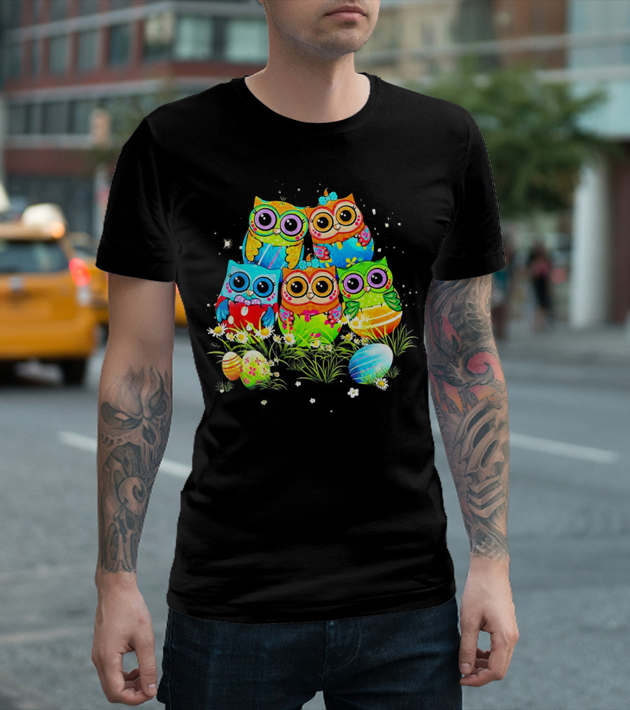 MIAPRINTSPRO Colorful Five Owls With Easter Eggs T-Shirt