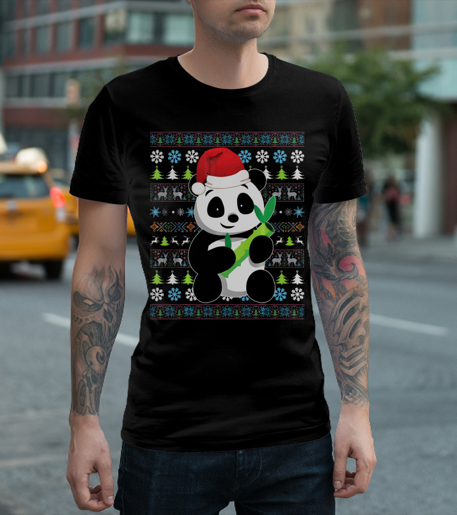 Merry Christmas Panda Ugly Santa Hat Snowflakes Trees T-Shirt