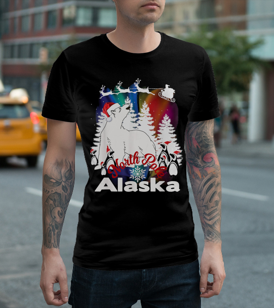 North Pole Alaska Polar Bear Penguins Christmas Scene T-Shirt