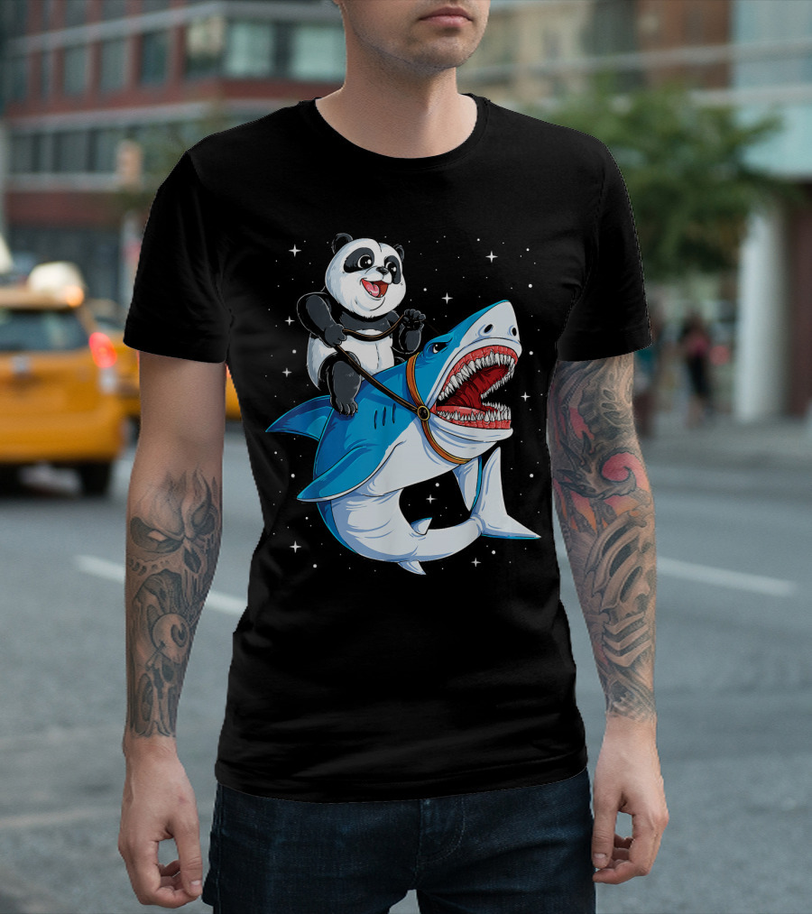 Panda Riding Shark in Space T-Shirt