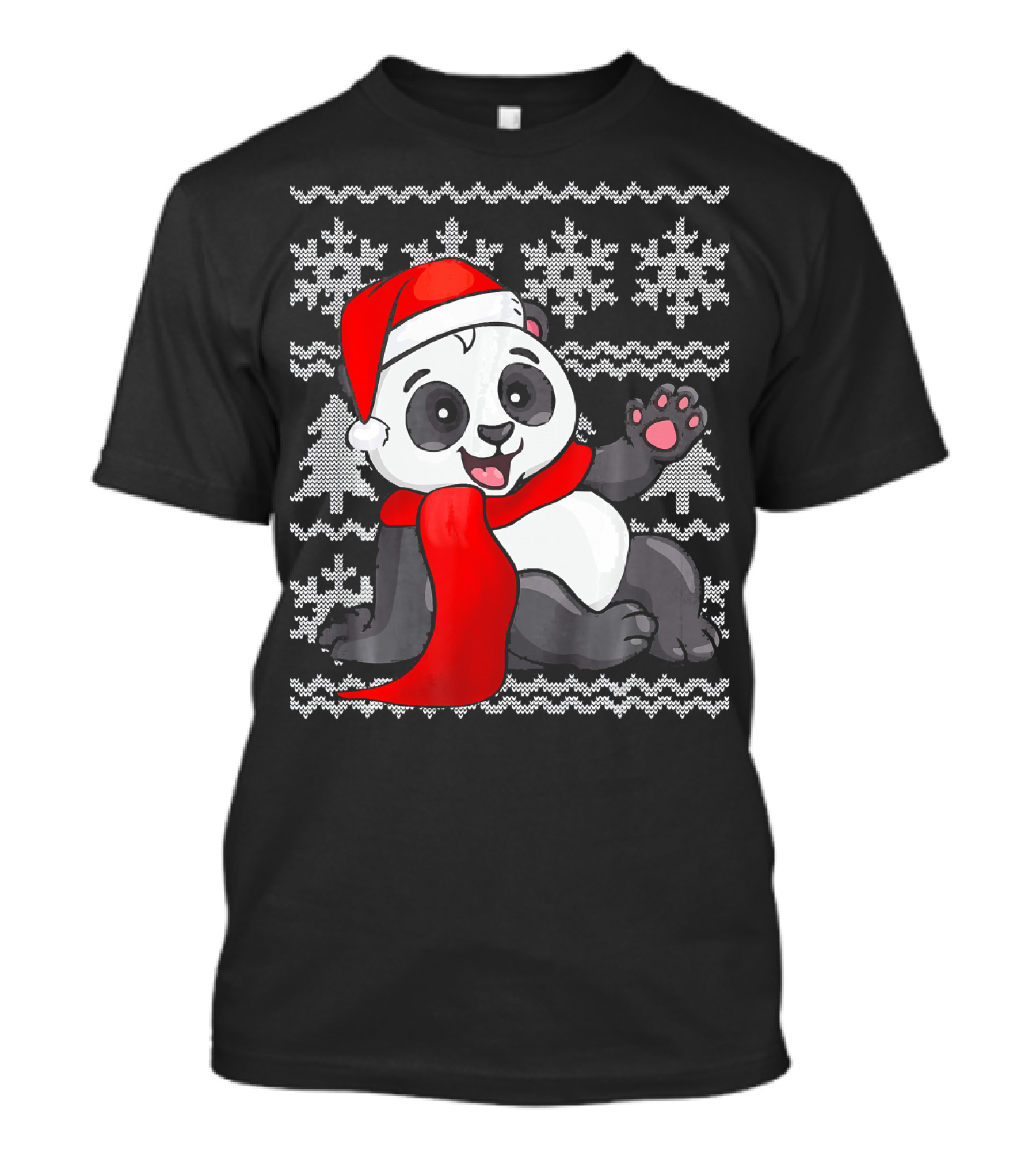 Panda Santa Hat Scarf Ugly Christmas Sweater With Snowflakes T-Shirt