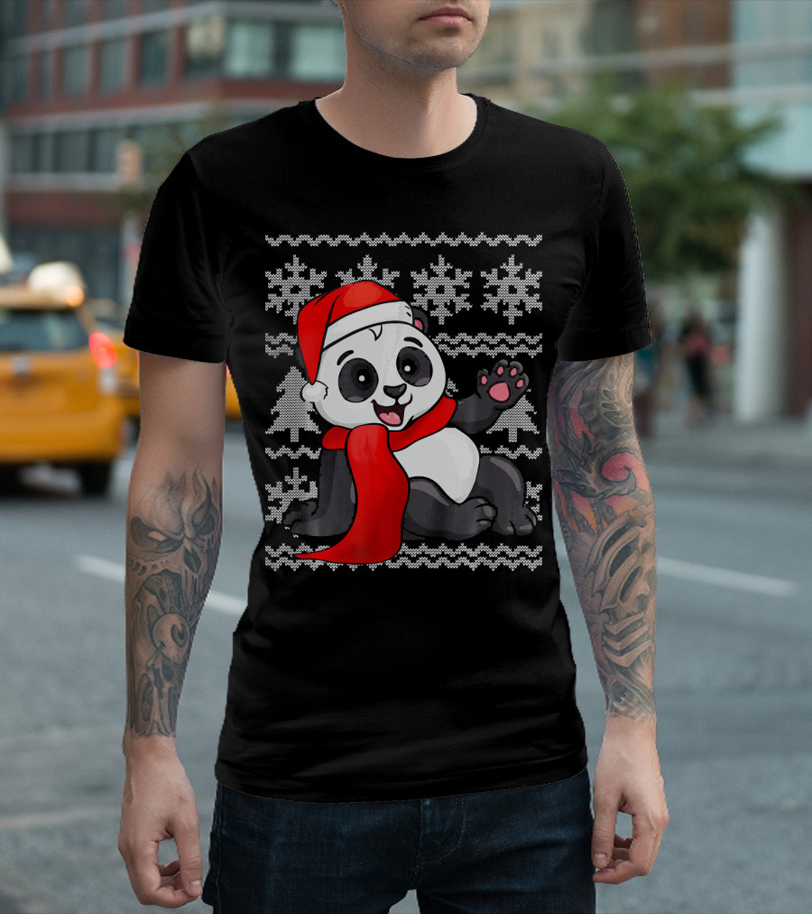 Panda Santa Hat Scarf Ugly Christmas Sweater With Snowflakes T-Shirt
