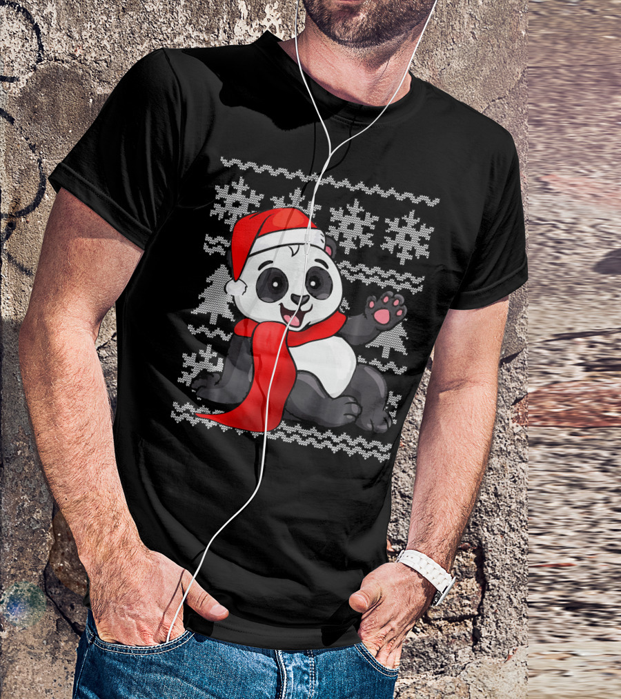 Panda Santa Hat Scarf Ugly Christmas Sweater With Snowflakes T-Shirt