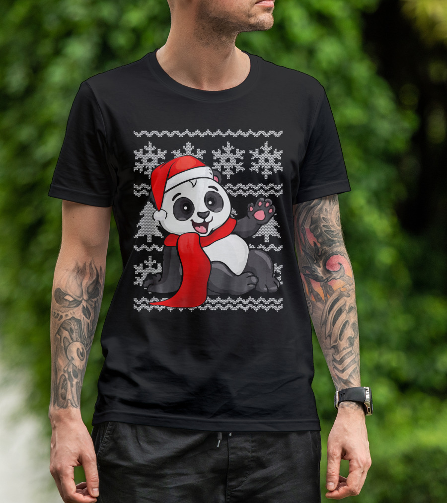 Panda Santa Hat Scarf Ugly Christmas Sweater With Snowflakes T-Shirt