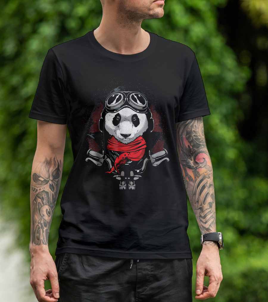 Panda Motorcycle Biker With Red Scarf And Goggles T-Shirt