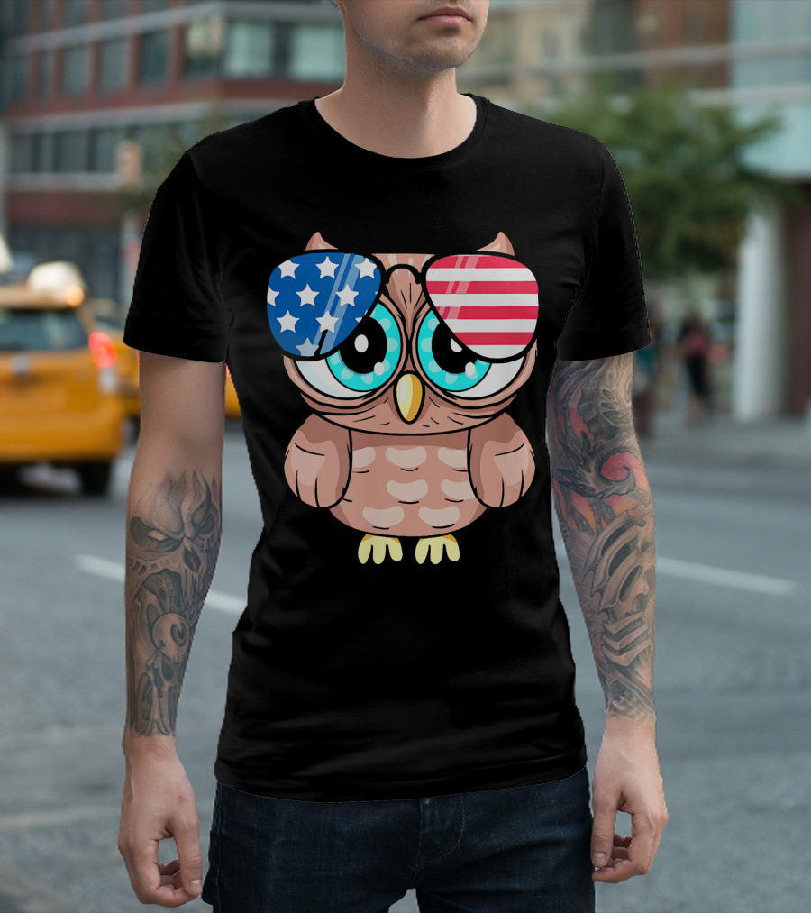 Owl Wearing American Flag Sunglasses For 4th Of July Patriotic T-Shirt