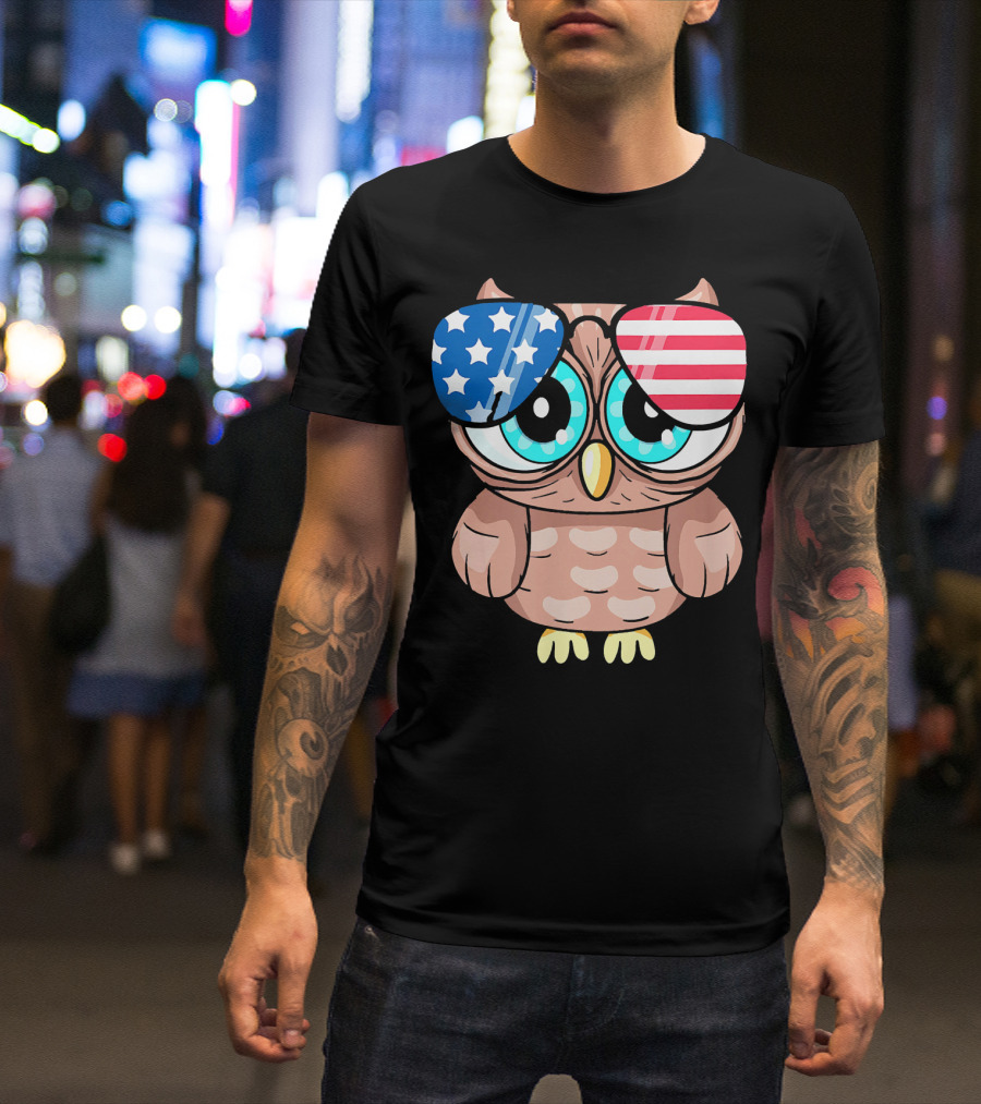 Owl Wearing American Flag Sunglasses For 4th Of July Patriotic T-Shirt