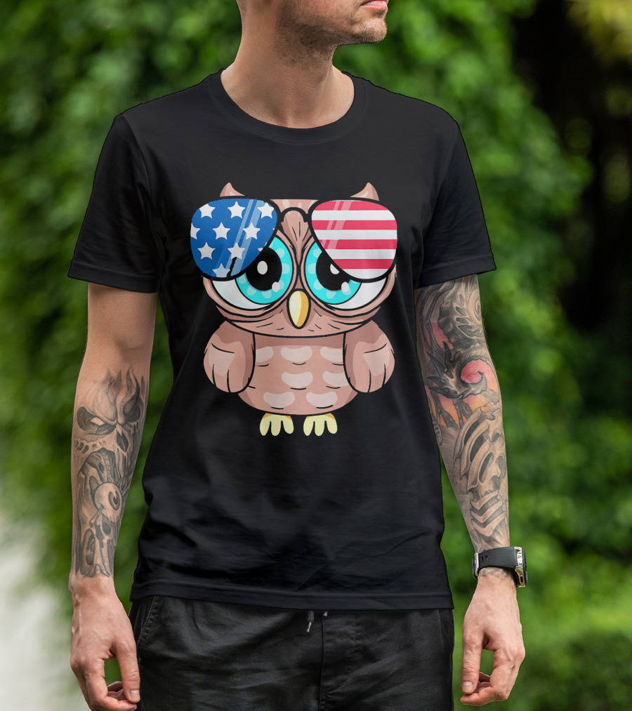 Owl Wearing American Flag Sunglasses For 4th Of July Patriotic T-Shirt