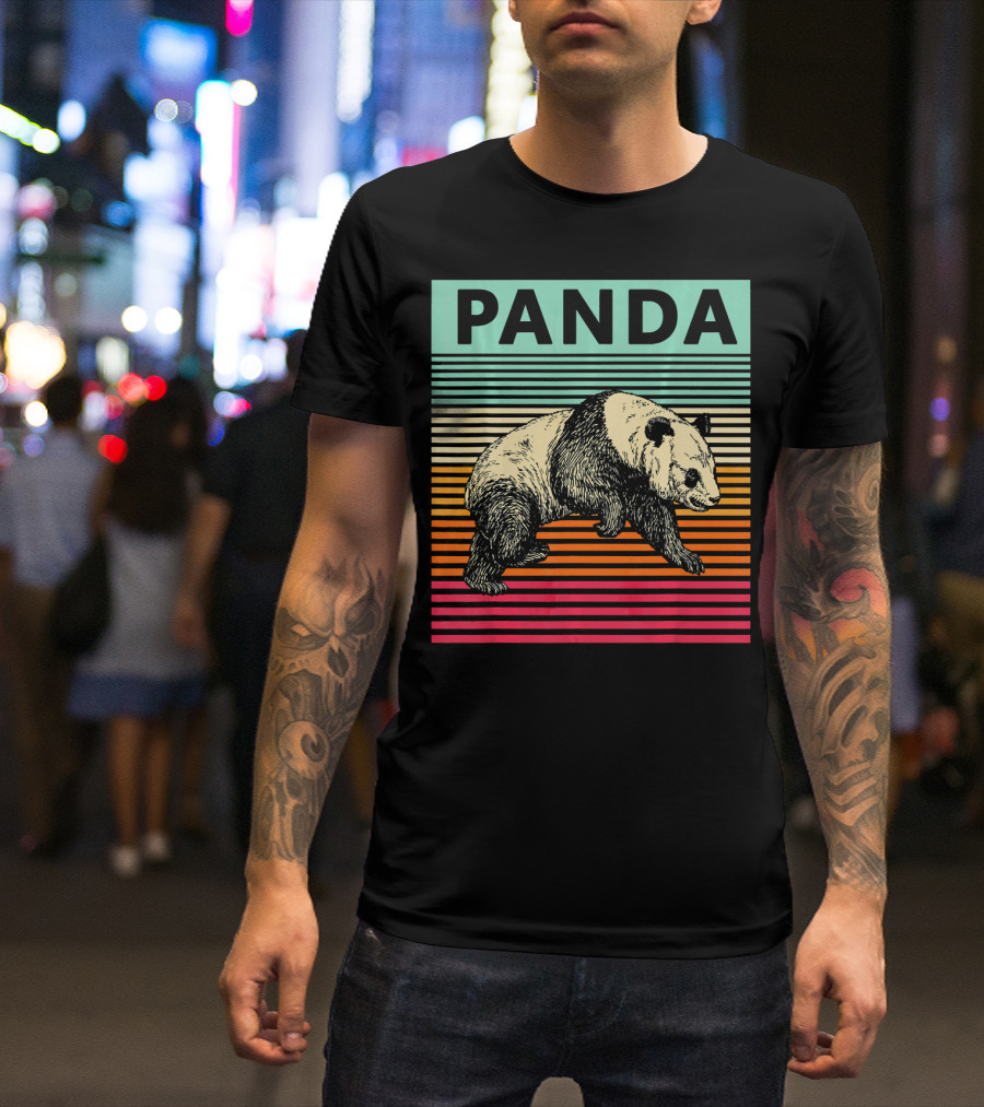 Panda Retro Bear Cool Vintage Panda Colorful Stripes T-Shirt