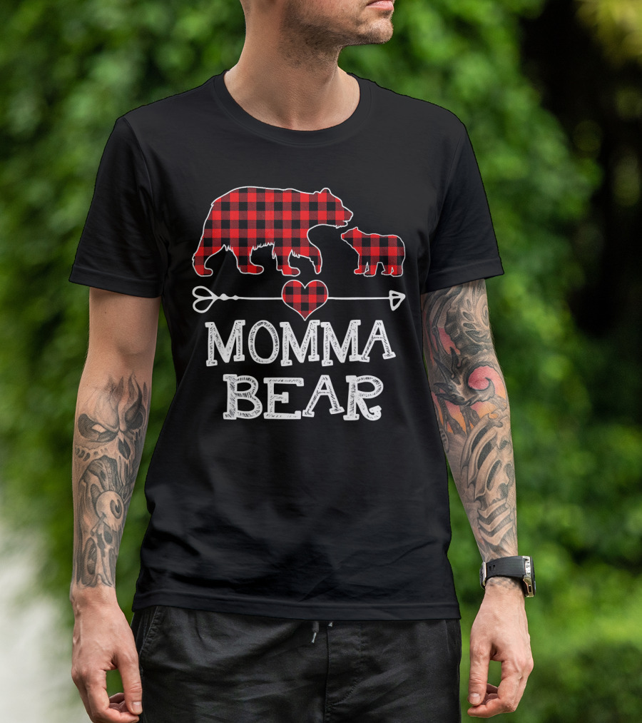 Momma Bear Red Plaid Heart Arrow Christmas T-Shirt