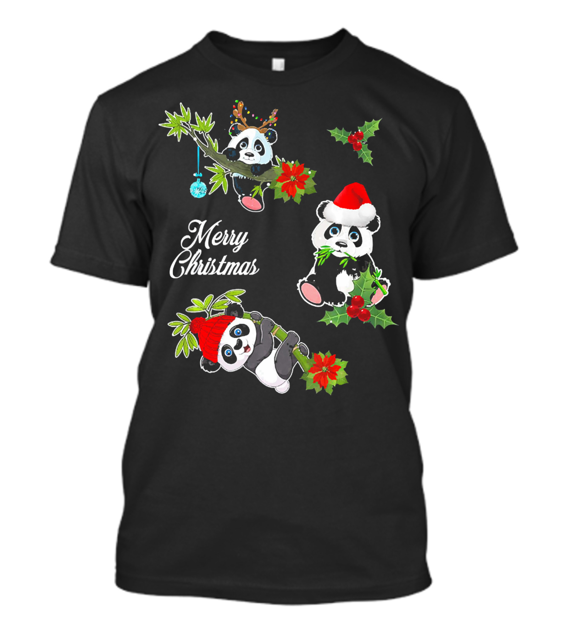 Merry Christmas Panda Chibi With Holly And Santa Hat T-Shirt