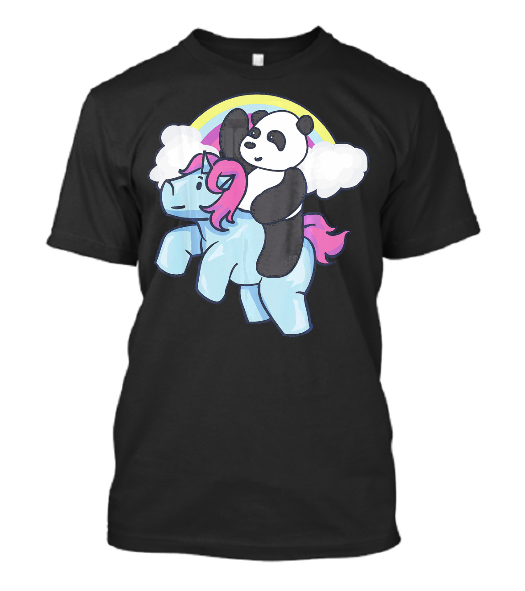 Panda Riding Unicorn Cute Meme Pandacor Rainbow Clouds T-Shirt