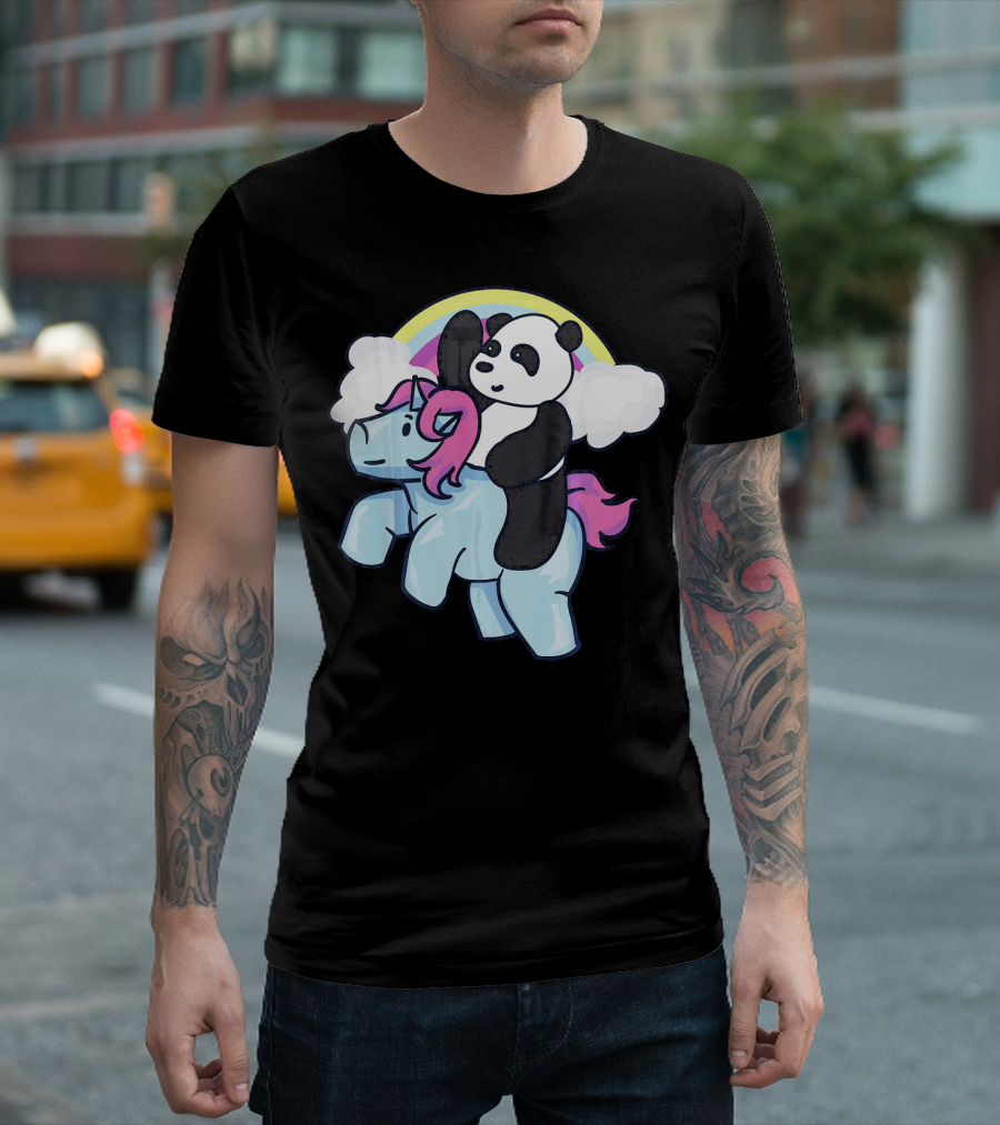 Panda Riding Unicorn Cute Meme Pandacor Rainbow Clouds T-Shirt