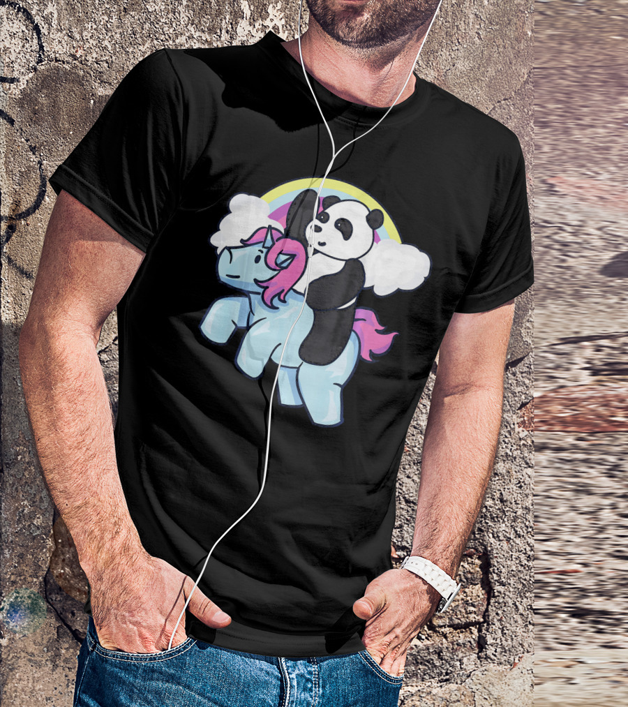 Panda Riding Unicorn Cute Meme Pandacor Rainbow Clouds T-Shirt