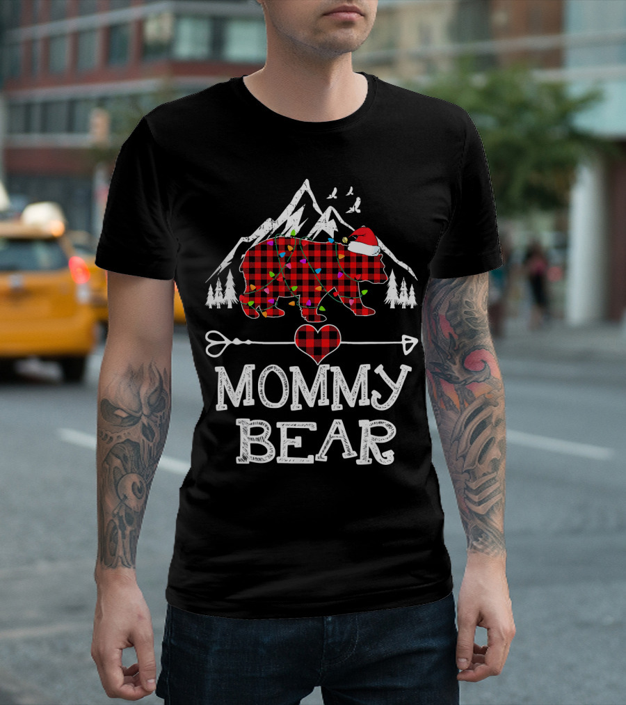 Mommy Bear Christmas Red Plaid Santa Hat Mountains Pine Trees T-Shirt