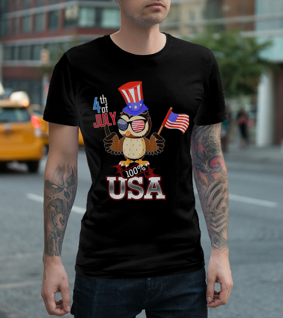 4th Of July Patriotic Owl Uncle Sam Hat 100% USA T-Shirt