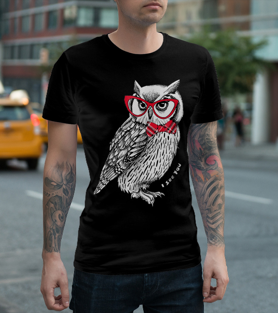 Owl Sapienza I See You Red Glasses and Bow Tie T-Shirt