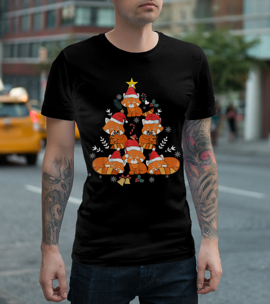 Red Panda Santa Hat Christmas Tree Cute Holiday Snowflakes Stars T-Shirt