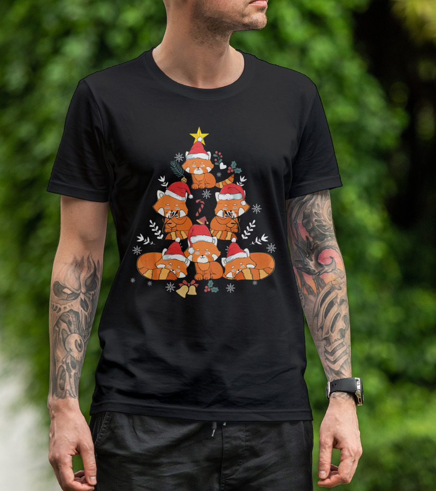 Red Panda Santa Hat Christmas Tree Cute Holiday Snowflakes Stars T-Shirt