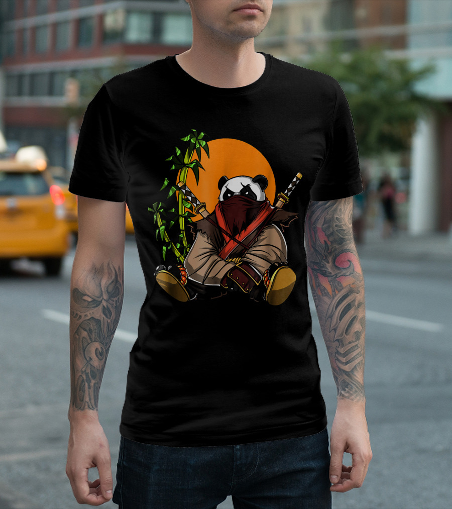 Panda Bear Funny Ninja Samurai Sitting With Swords And Bamboo T-Shirt
