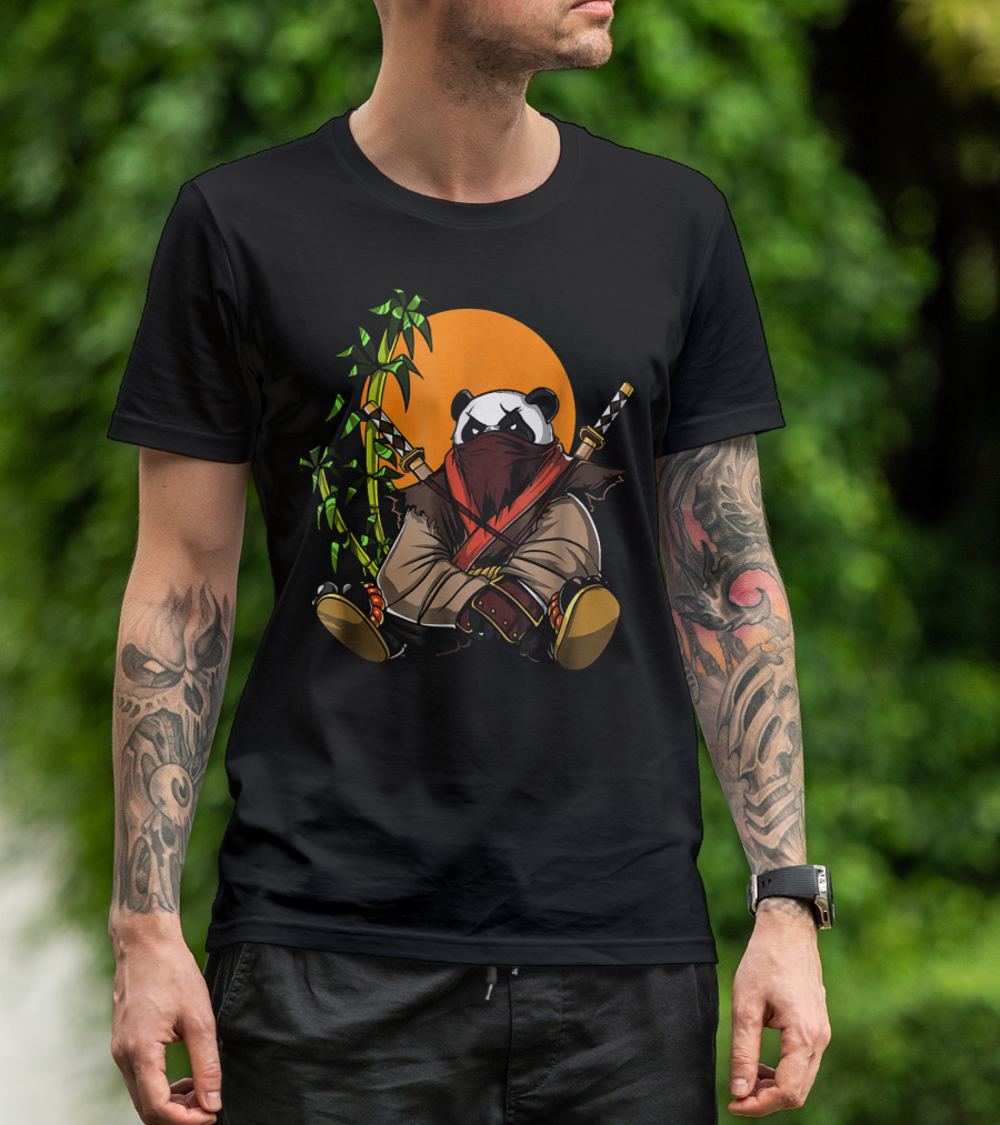 Panda Bear Funny Ninja Samurai Sitting With Swords And Bamboo T-Shirt